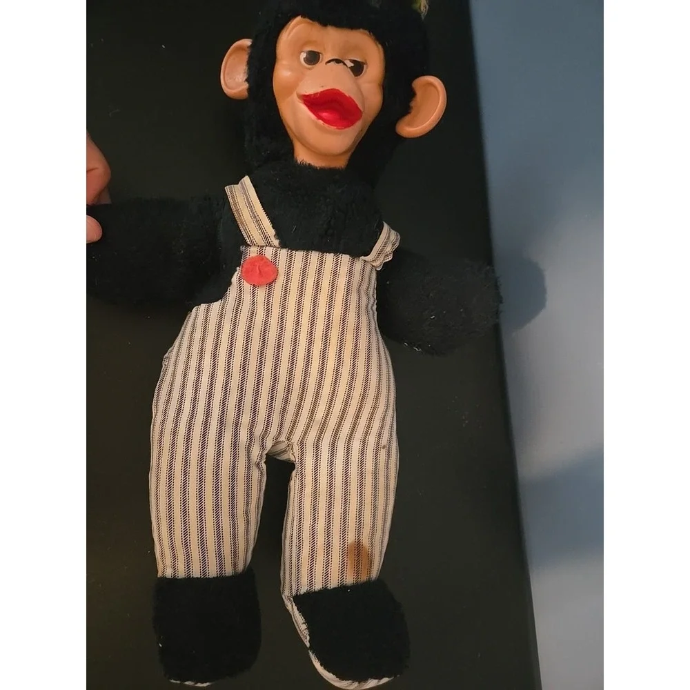 Gund Vtg Chimpanzee Rubber‎ Face Plush  Blue Overalls Monkey Train Conductor